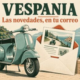 Ilustración de una scooter clásica y un sobre con las novedades de VESPANIA.