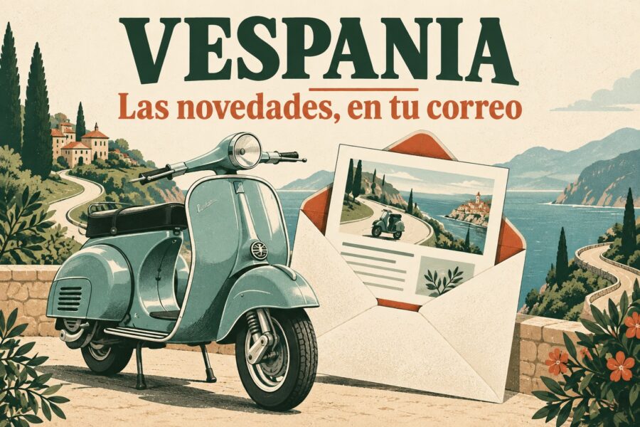Ilustración de una scooter clásica y un sobre con las novedades de VESPANIA.